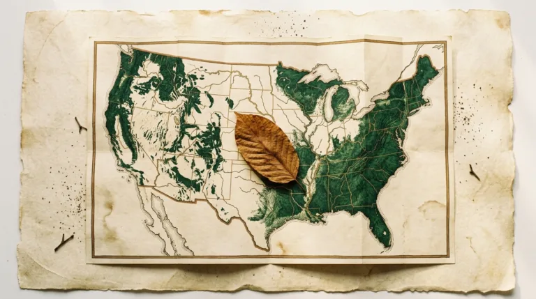 A dried kratom leaf resting on a folded parchment map of the United States.