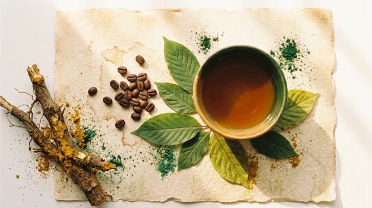A cup of brewed kratom tea beside coffee beans and green kratom leaves on cream parchment.