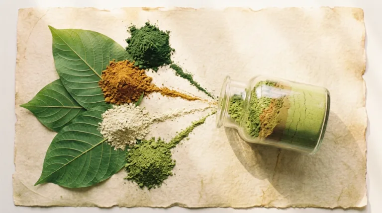 Small piles of green, red, and white kratom powder converging into one jar, illustrating a blend.
