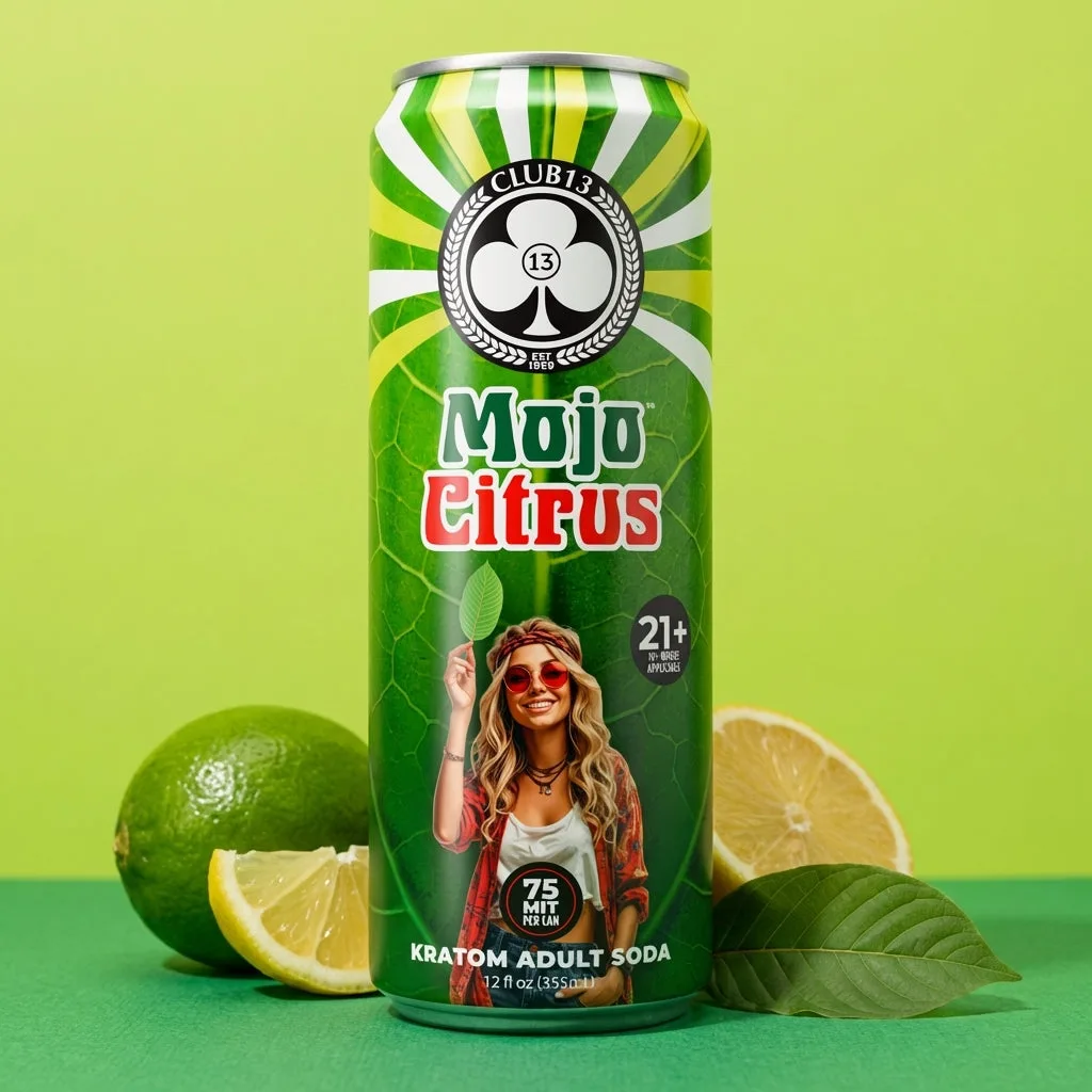Club 13 Mojo Citrus Kratom Soda 75 mg MIT 12 oz can